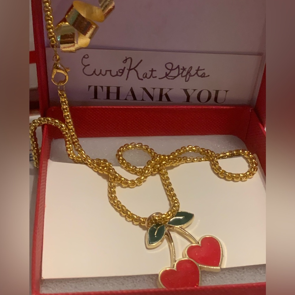 Betsey Johnson Gold Cherry Necklace with adjustable chain lobster clasp NEW NWT